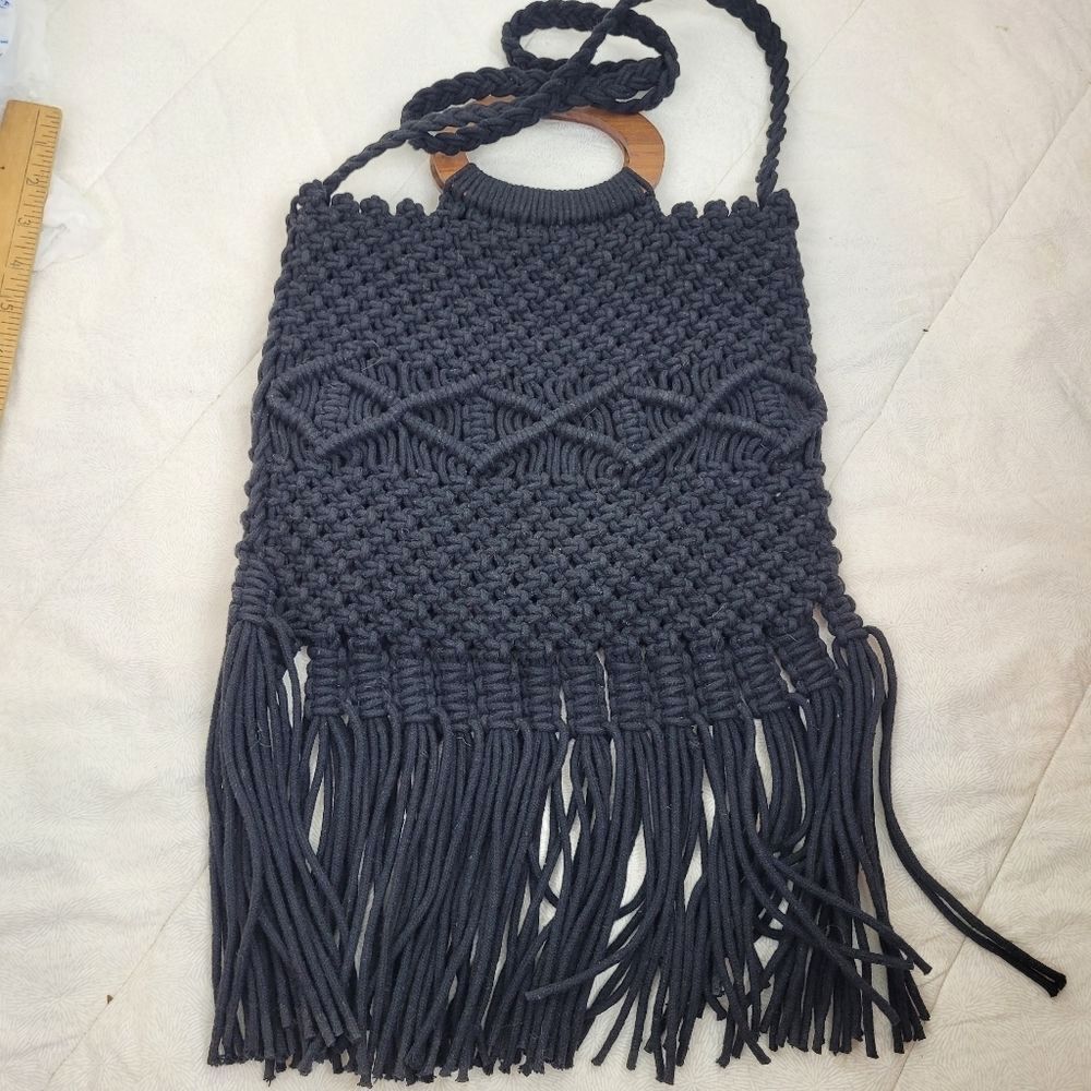 Danielle Nicole VTG Black Crochet Boho Fringe Bag Strap Wood Handles Western